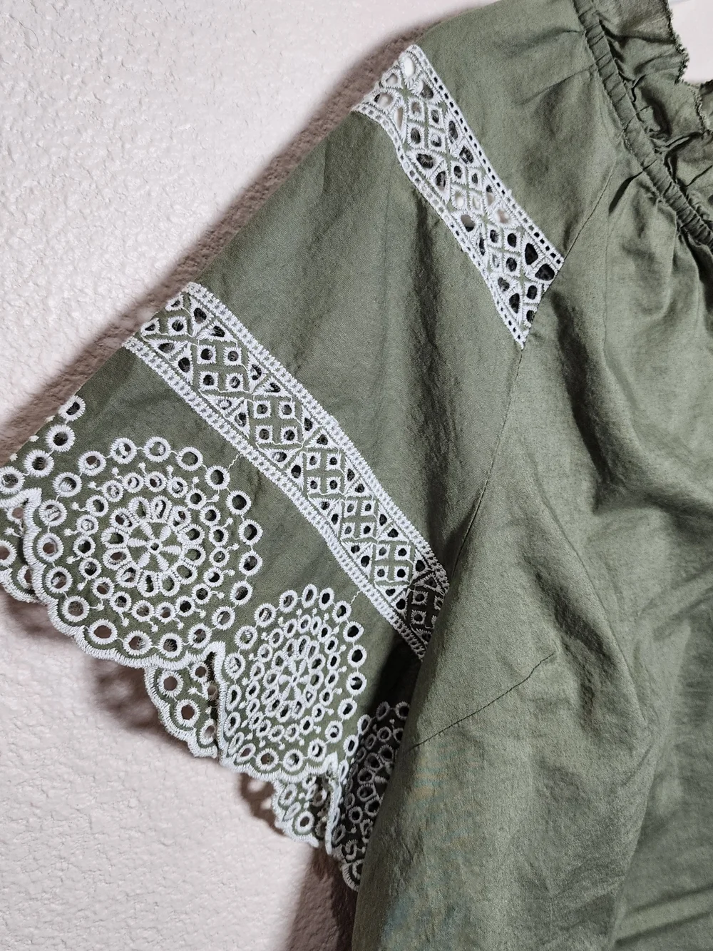 Talbots Olive Green Eyelet Sleeve Cotton Blouse